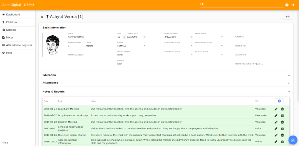 Screenshot of Aam Digital software application